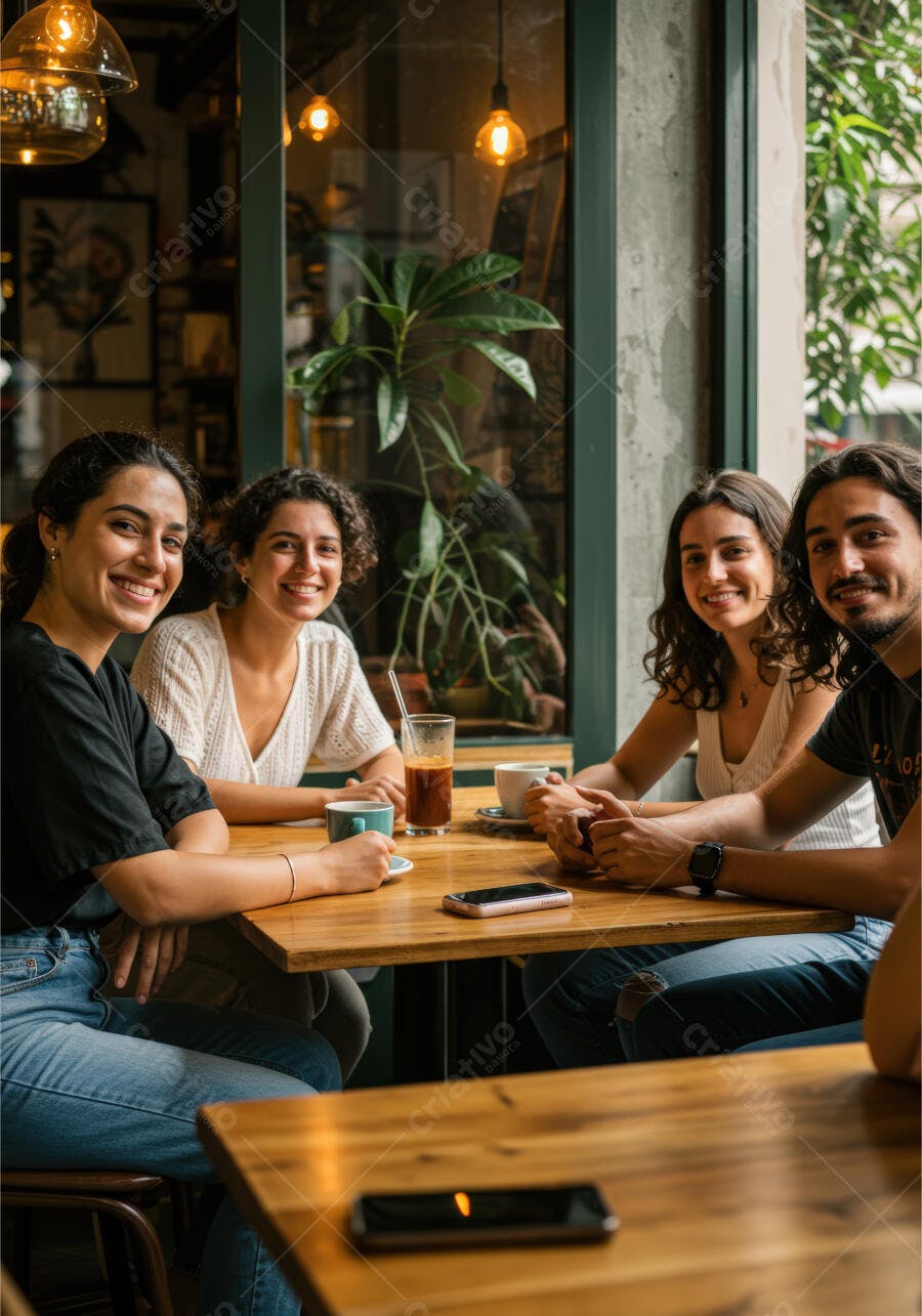 Amigos reunidos em cafeteria aconchegante