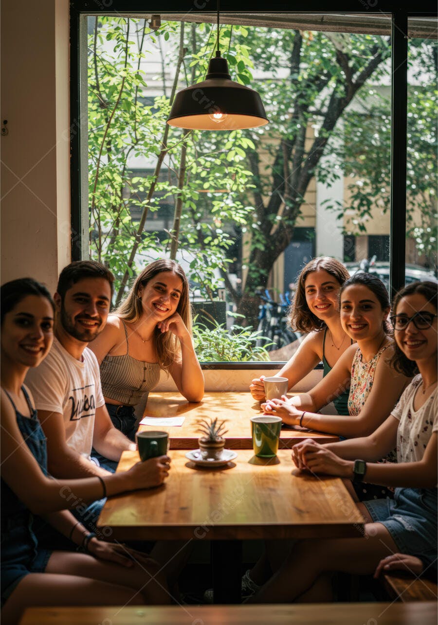 Amigos em cafeteria tomando café dia ensolarado