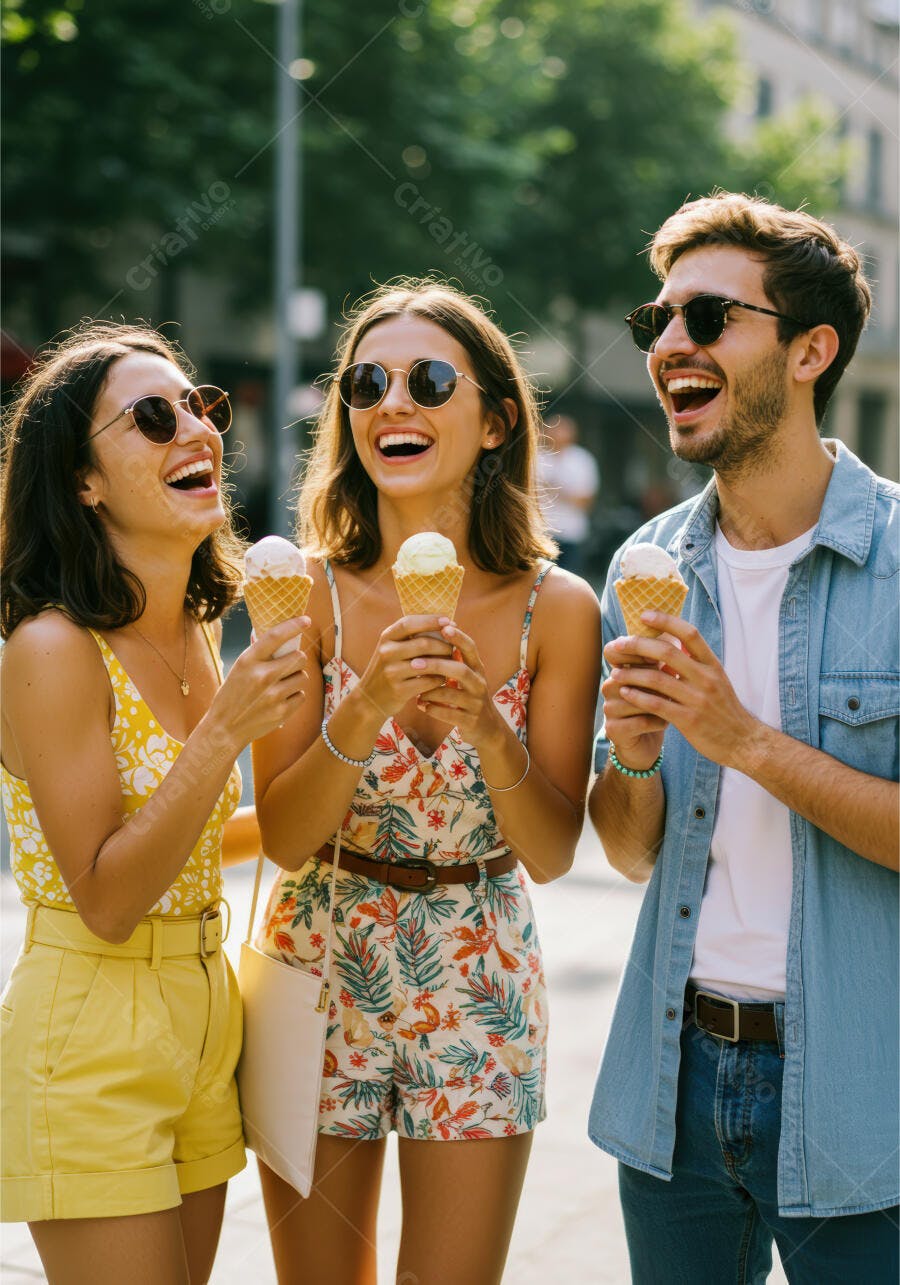Amigos sorrindo com sorvetes em dia ensolarado