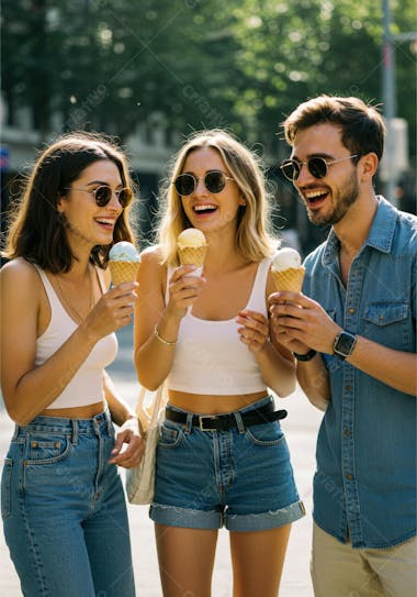 Three young adults, two women and a man, share ice cream cones on a sunny day. Bright and pastel colors in the ice cream and light blue denim. Cheerful and relaxed atmosphere.