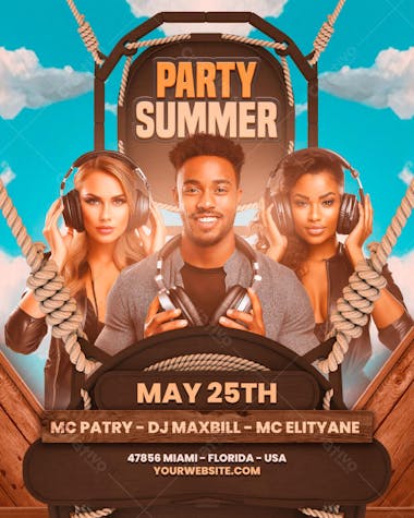Editable PSD flyer for a summer party on May 25th. Warm earthy tones, diverse young adults wearing headphones. Perfect for promoting music events, parties, and summer gatherings.  High-quality design for social media and print.