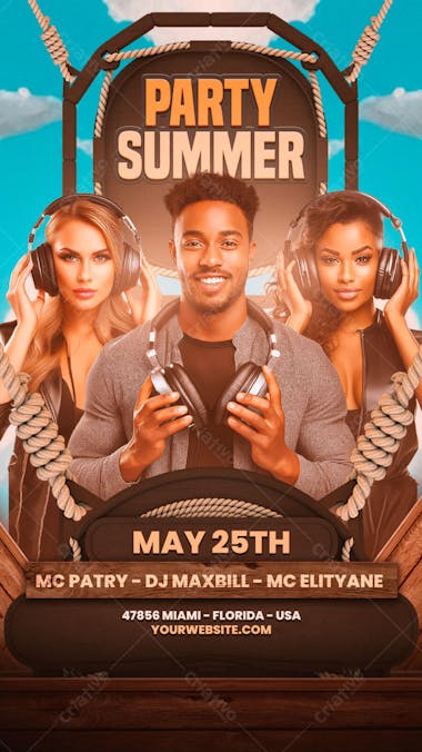 Summer party flyer template featuring warm earthy tones.  Three DJs with headphones are showcased against a stylized wooden and rope background. Perfect for promoting music events, parties, and concerts targeting a young adult audience.
