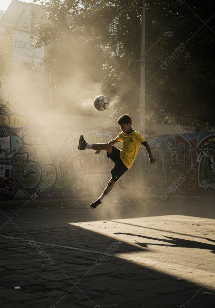 Menino chutando bola futebol em rua poeirenta