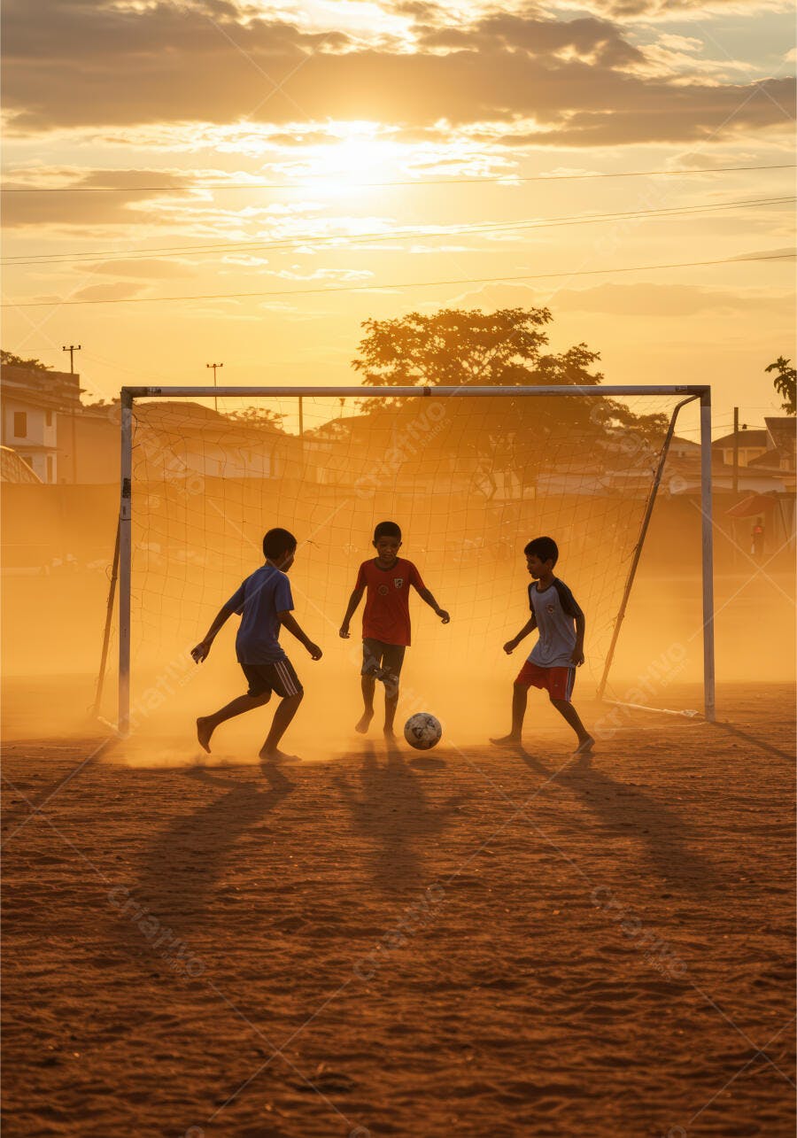 Crianças jogando futebol ao pôr do sol