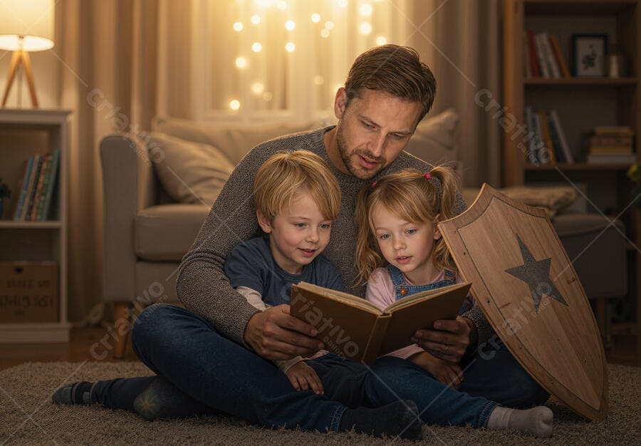 Pai lendo história para filhos à noite