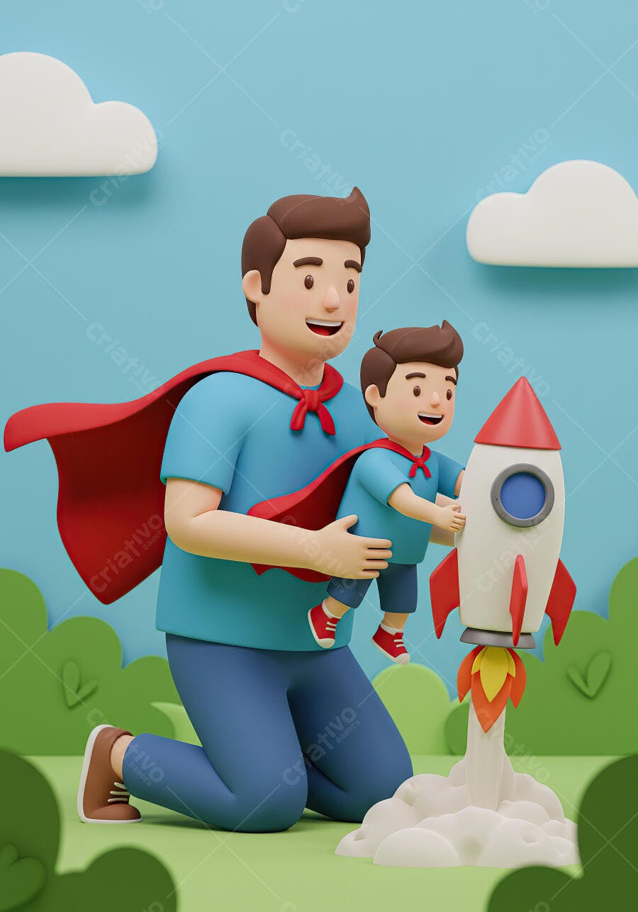 Pai e filho super-heróis lançando foguete