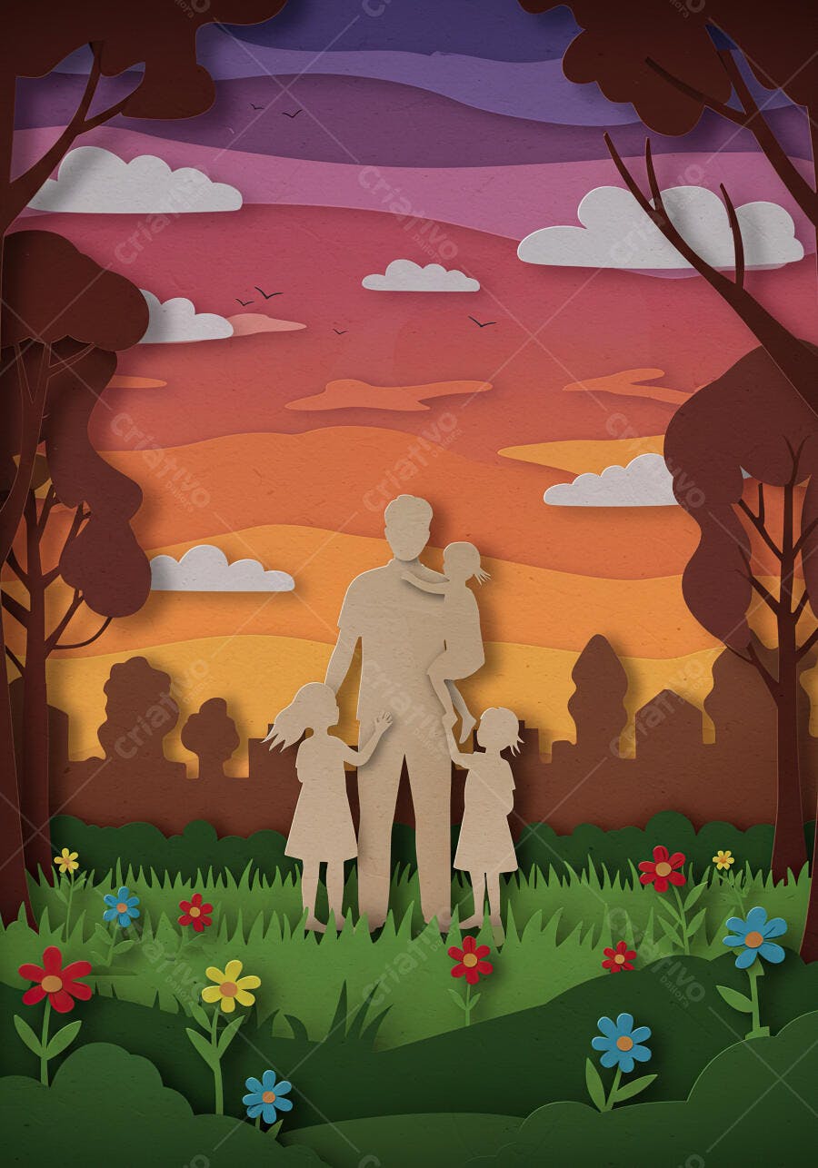 Pai com três filhas em parque ao pôr do sol