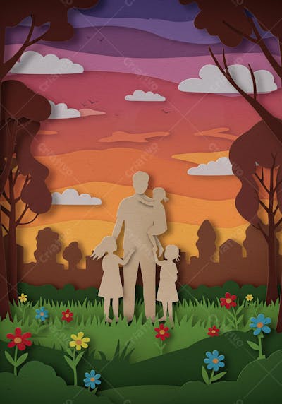 Pai e Filhos Brincam em Um Parque ao Entardecer