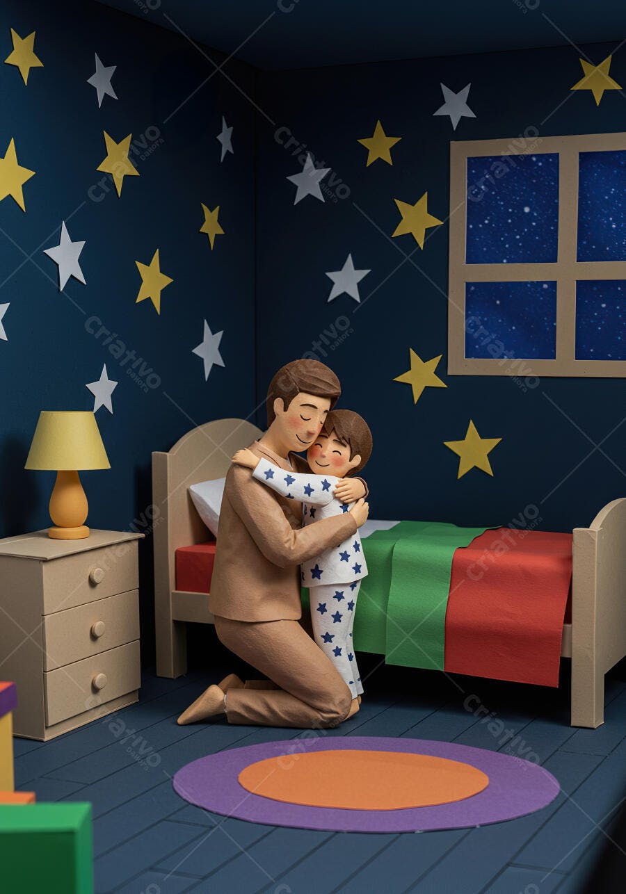 Pai abraçando filho antes de dormir quarto estrelado