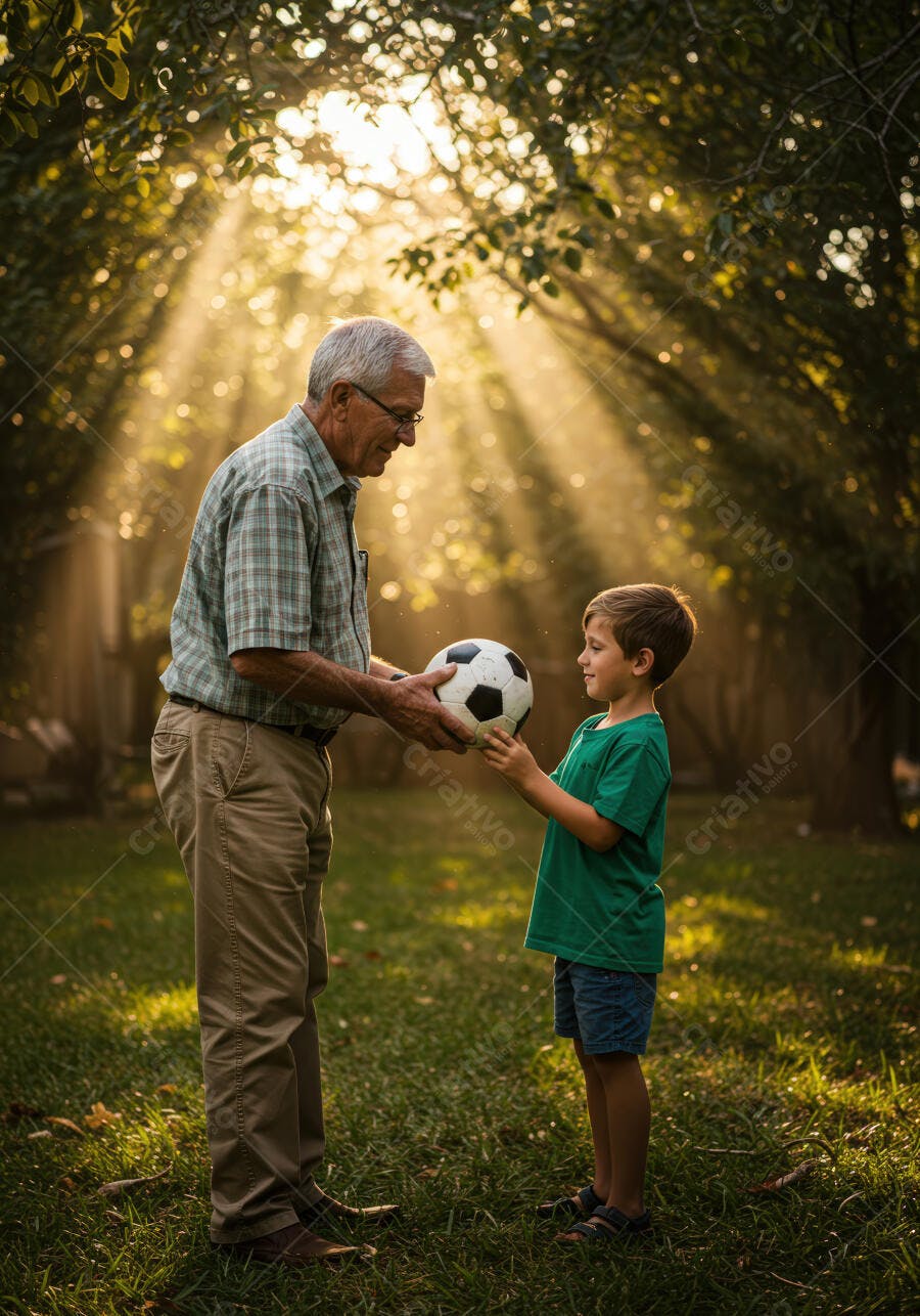 Avô e neto com bola de futebol no jardim