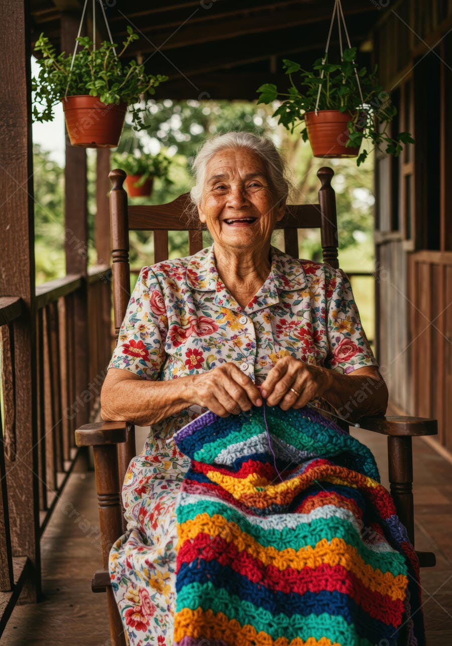 Vovó feliz tricotando manta colorida na varanda