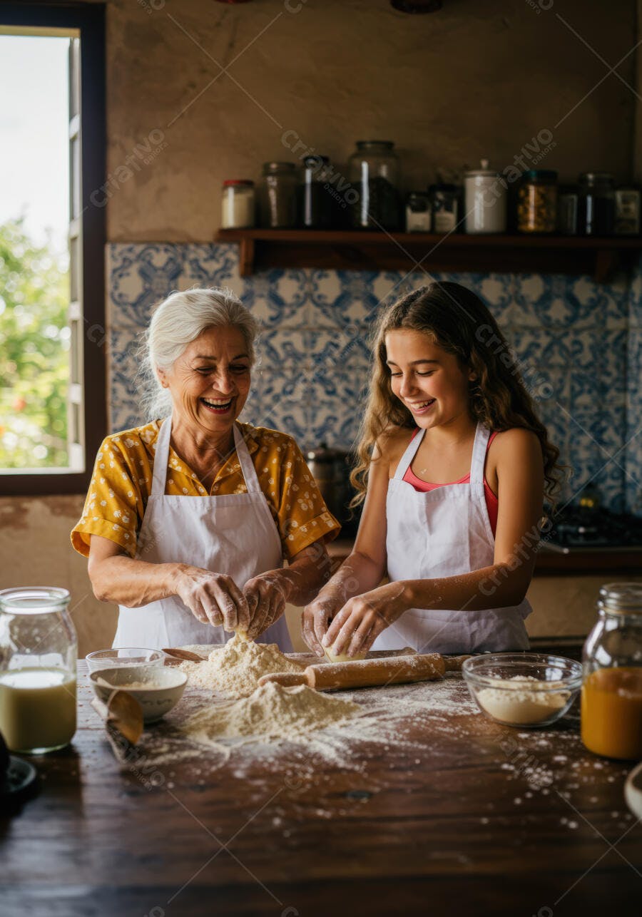 Avó e neta felizes preparando massa na cozinha