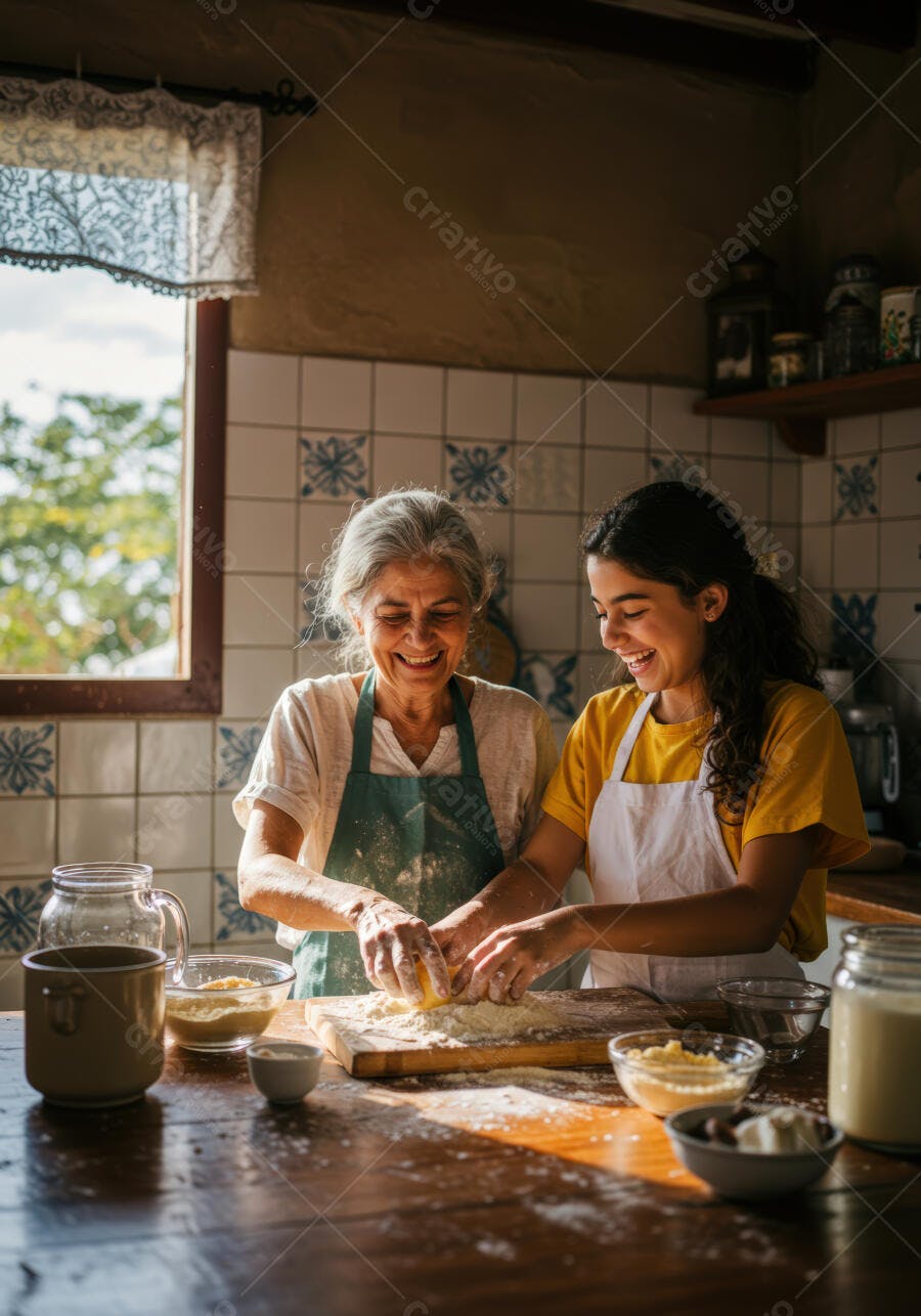 Avó e neta juntas preparando massa na cozinha