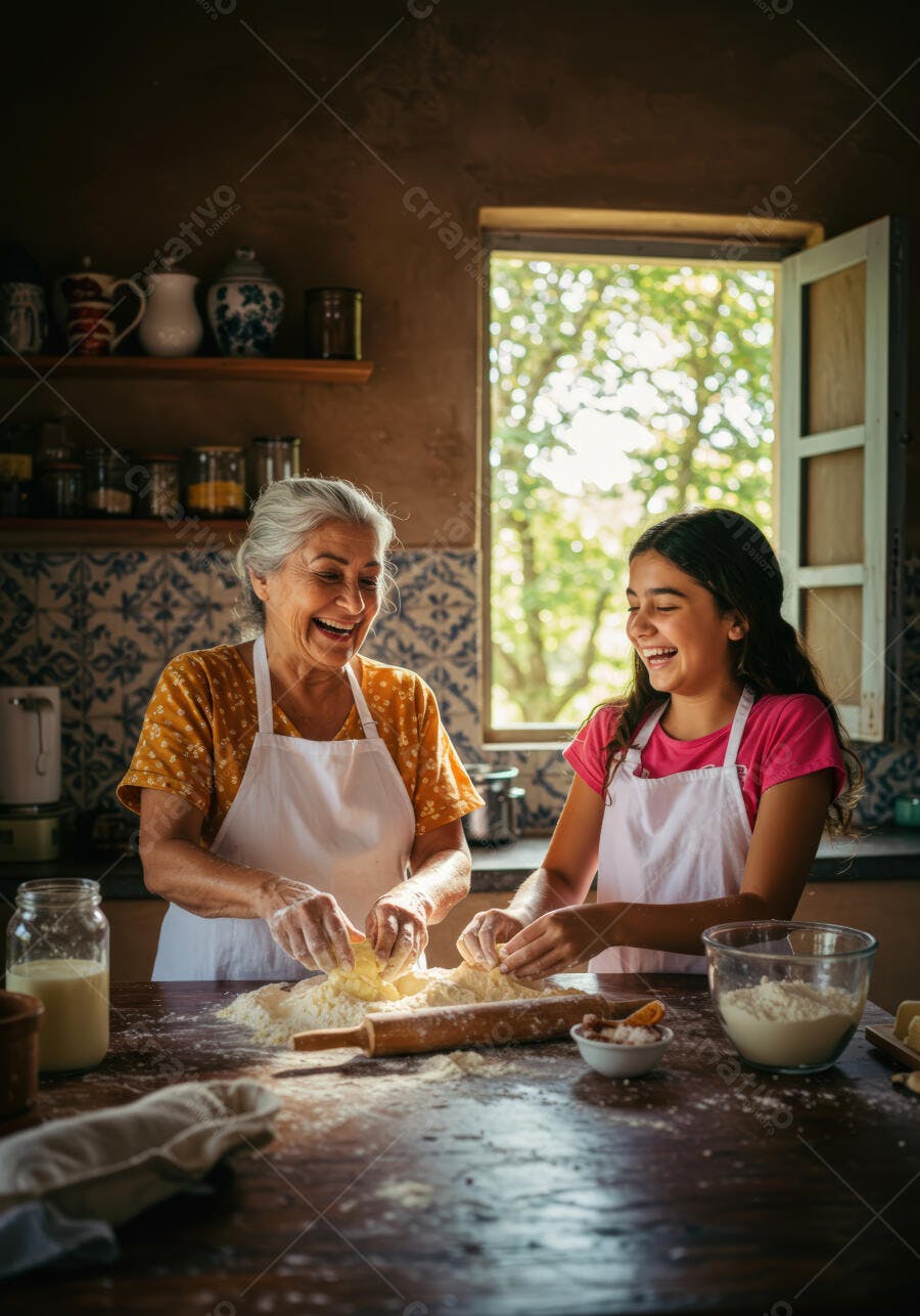 Avó e neta felizes fazendo bolo juntas