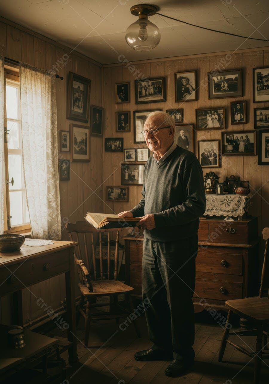 Homem Idoso lendo álbum de fotos em quarto antigo