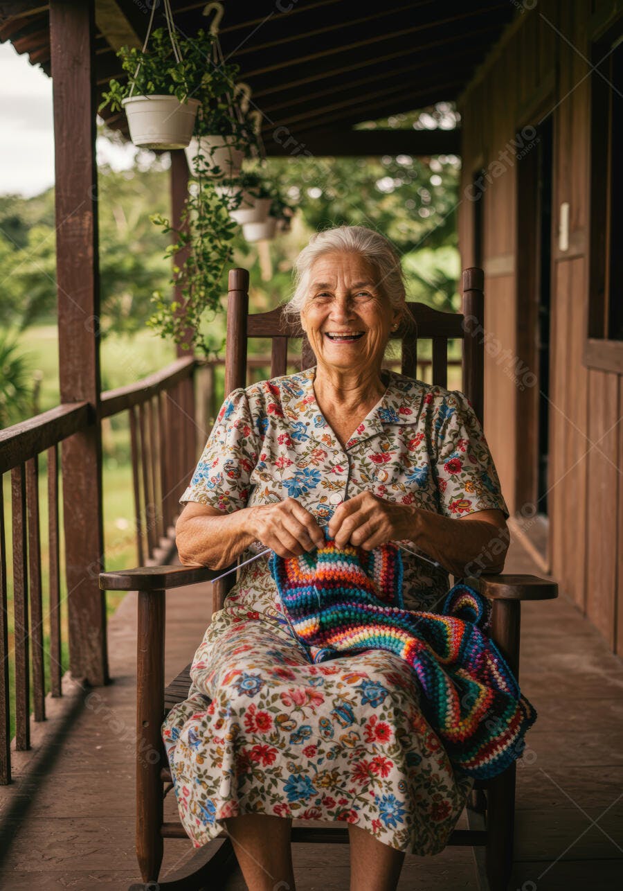 Vovó feliz tricotando na varanda