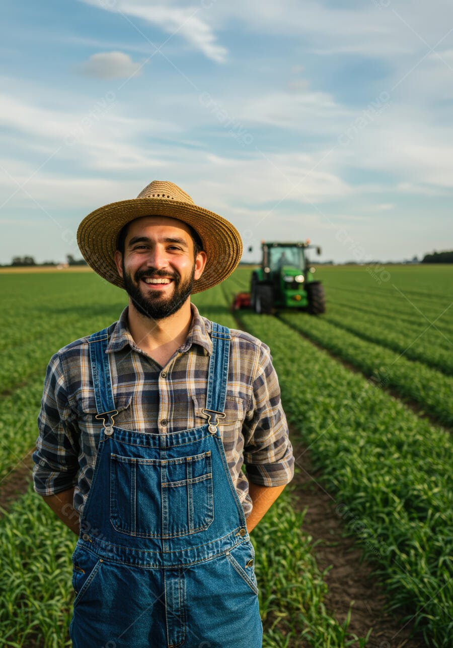 Fazendeiro feliz em campo de cultivo