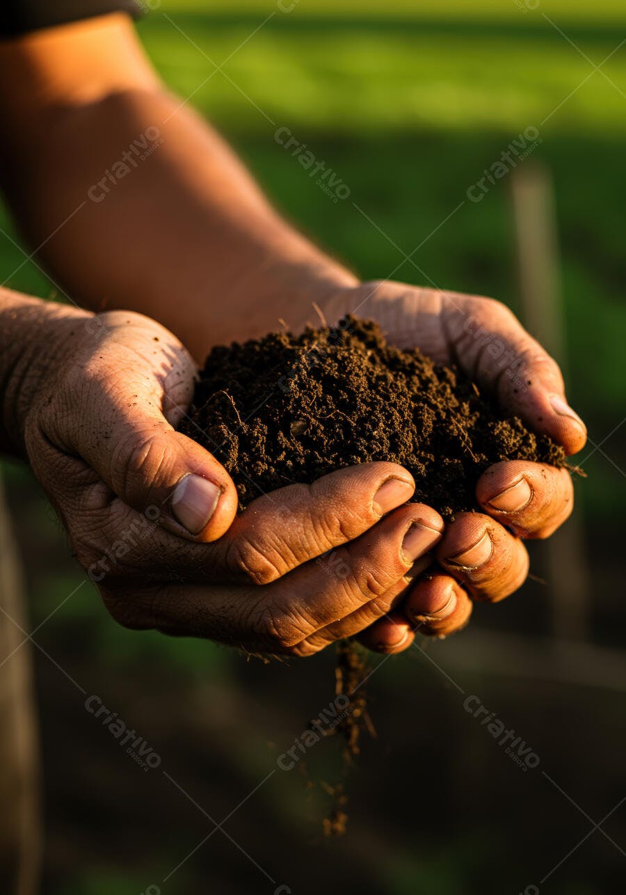 Mãos segurando terra fértil ao entardecer