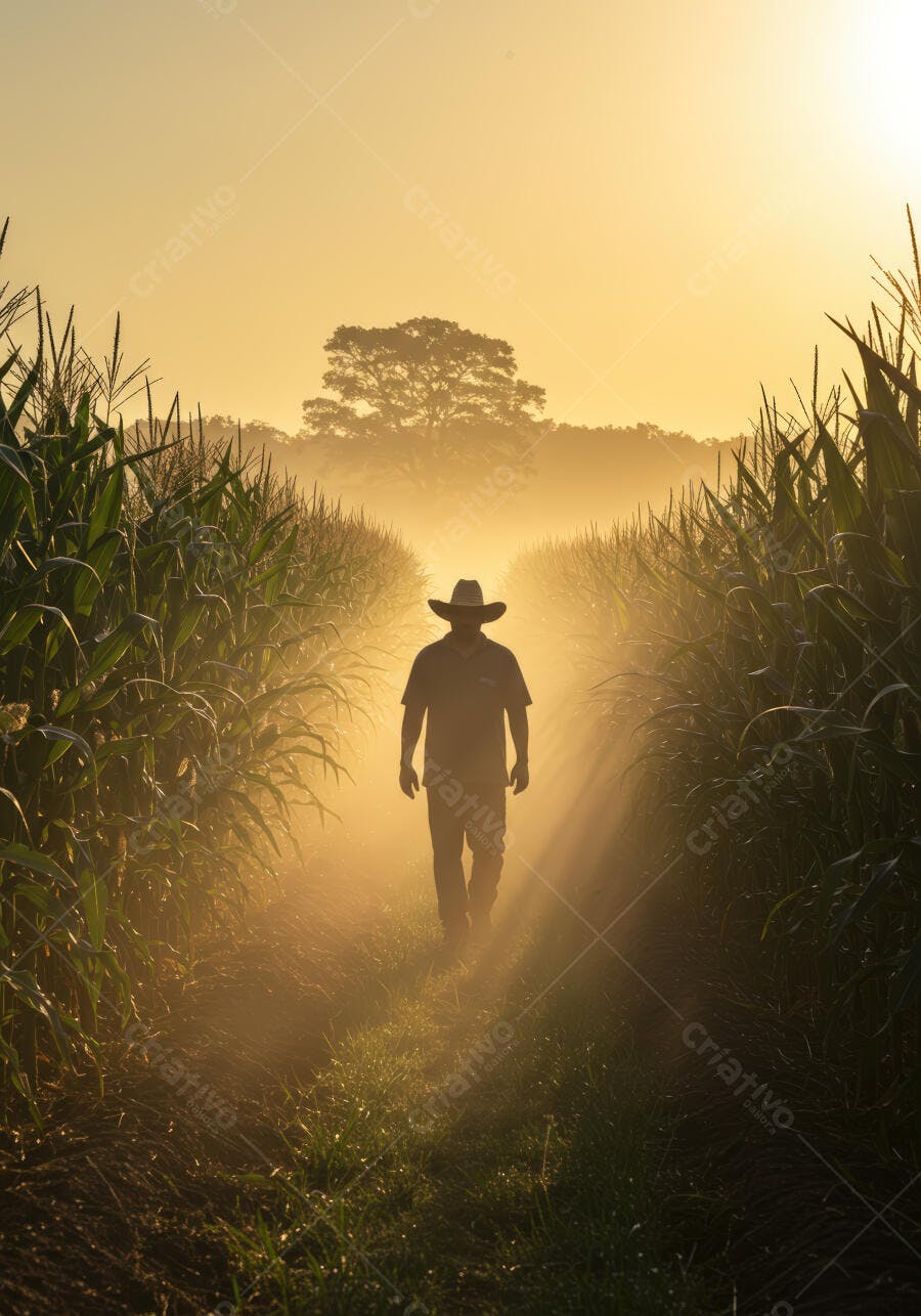Fazendeiro caminhando em plantação ao amanhecer