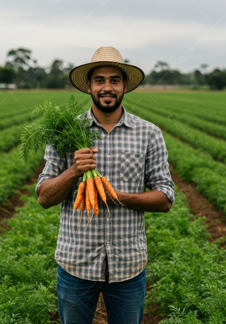 Fazendeiro negro segurando cenouras em seu campo
