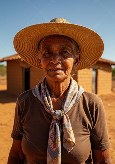 Retrato de uma idosa de etnia indígena com chapéu de palha bege e lenço floral colorido no pescoço. Cores quentes predominam e o fundo é desfocado mostrando casas de adobe. Atmosfera serena e retrato próximo.