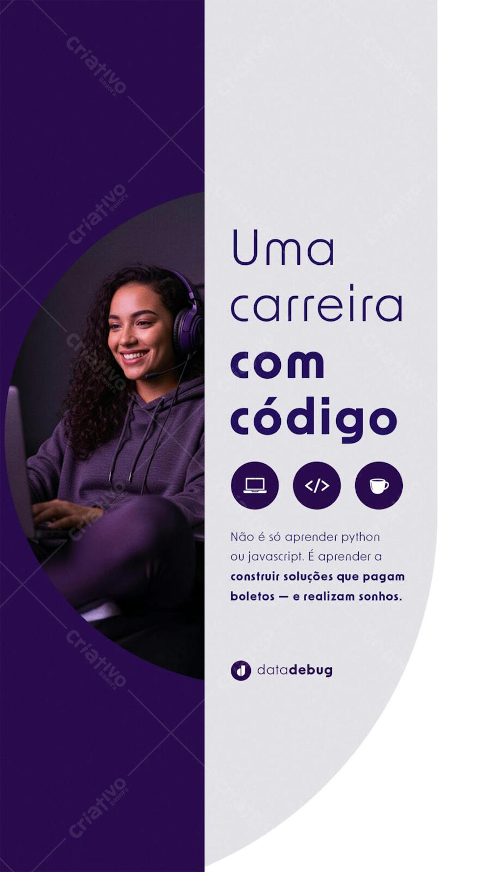 Modelo PSD para redes sociais com tons roxos e fundo degradê.  Apresenta uma jovem programadora usando notebook, focada e sorrindo. Ideal para campanhas de recrutamento, divulgação de cursos de programação ou empresas de tecnologia. Público-alvo: Mulheres, área de tecnologia.