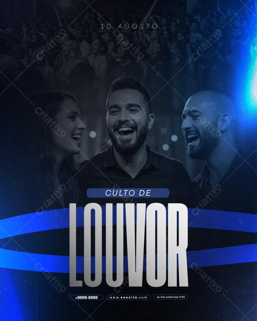 Flyer para Culto de Louvor 10 de Agosto PSD Editável