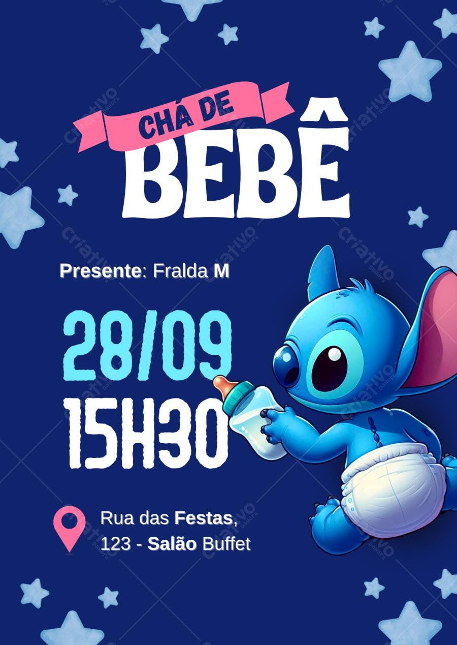 Convite Chá de Bebê Stitch Azul e Estrelas Editável no Canva
