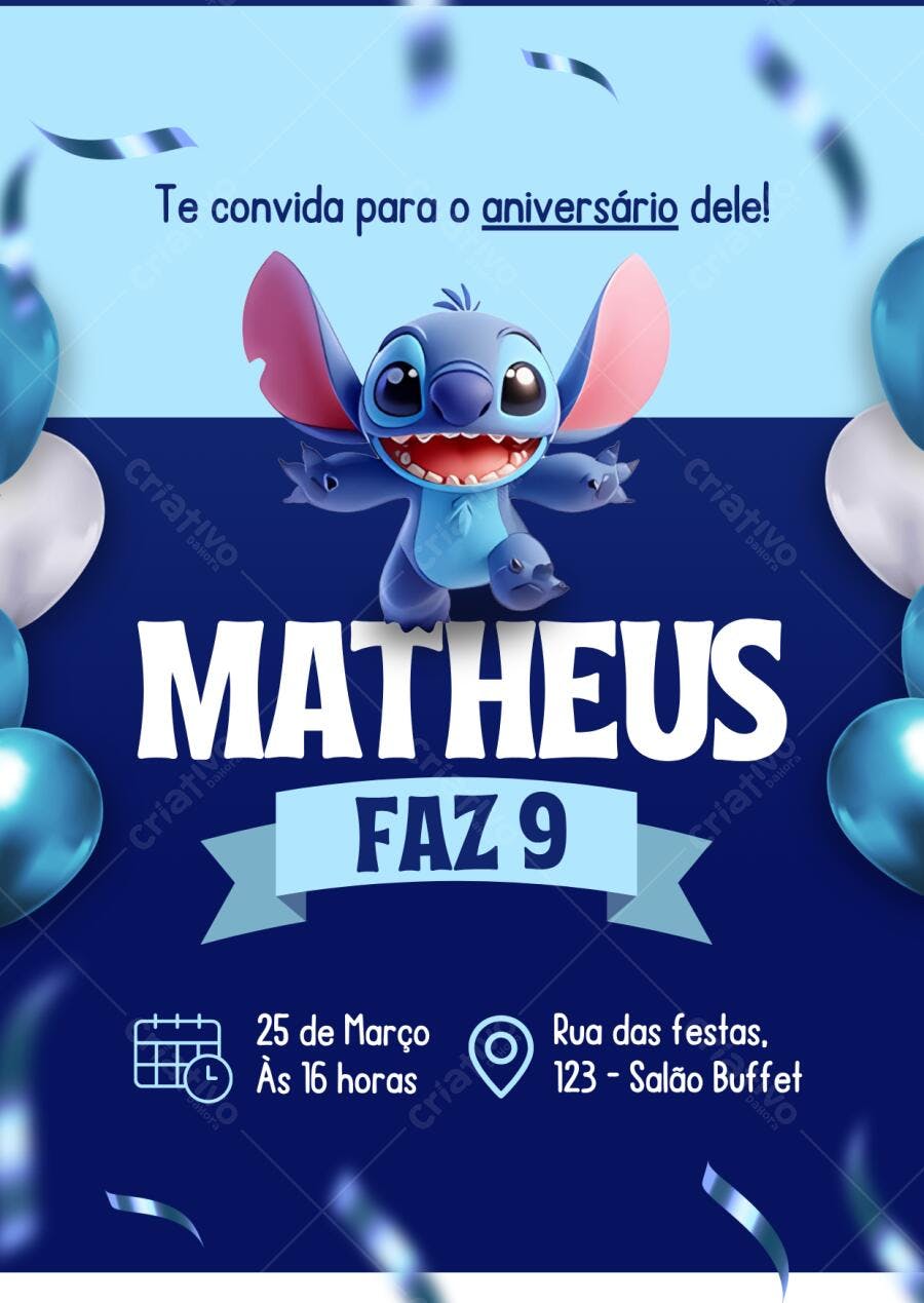 Convite de Aniversário Infantil Stitch Azul e Branco Editável no Canva