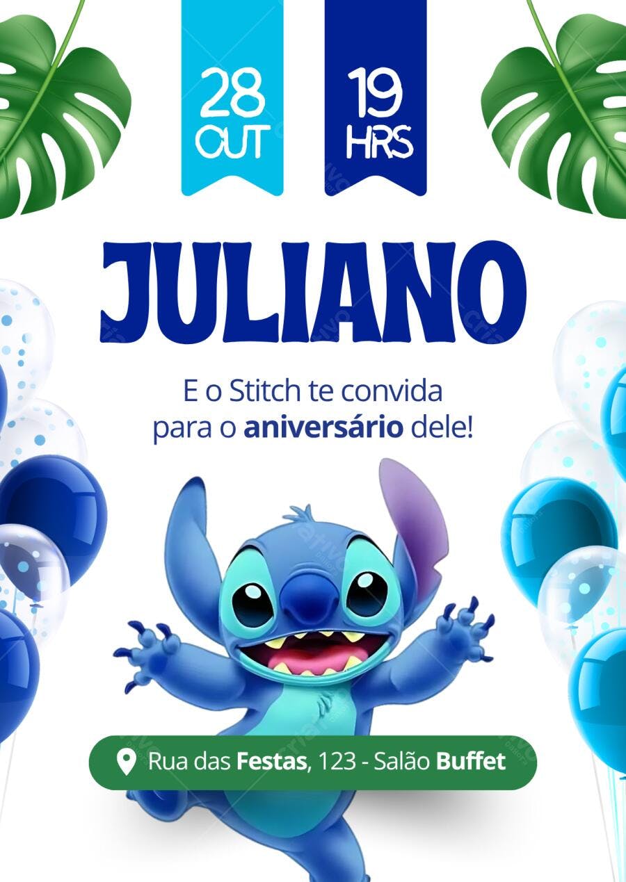 Convite de Aniversário Infantil Stitch Azul e Branco Editável no Canva