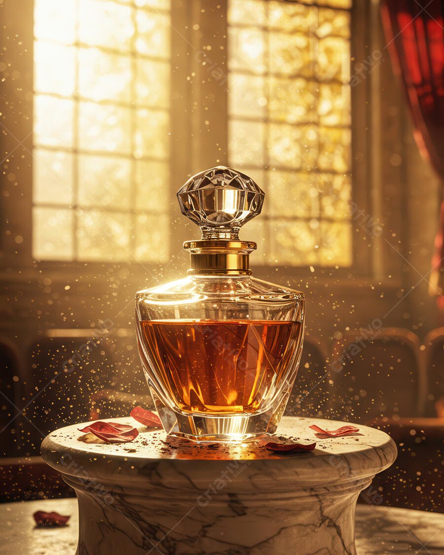 Perfume dourado frasco cristal elegante
