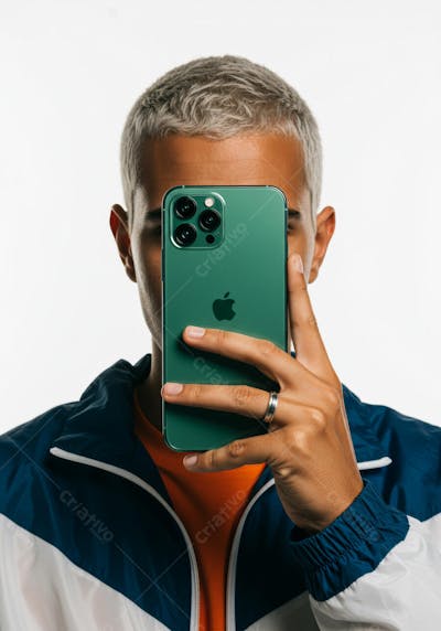 Homem com celular cobrindo o rosto