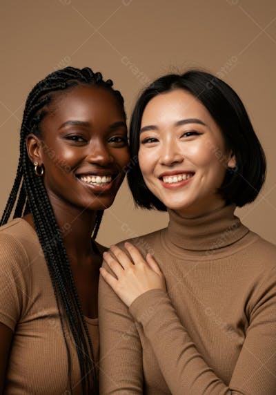 Duas mulheres sorrindo em fundo bege
