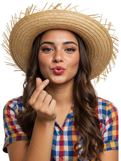 Jovem com roupa junina e gesto de coração