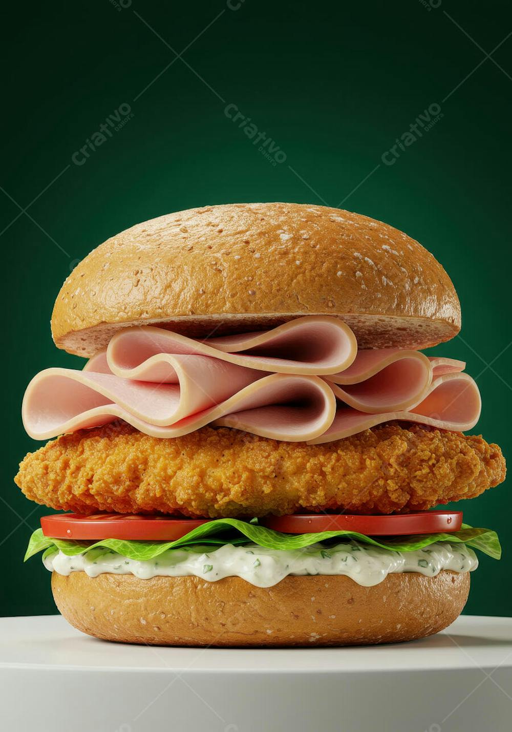 Hambúrguer apetitoso com pão de trigo, frango frito crocante, fatias de presunto rosa, alface verde, tomate vermelho e molho cremoso. Fotografia de alta qualidade com fundo verde escuro.