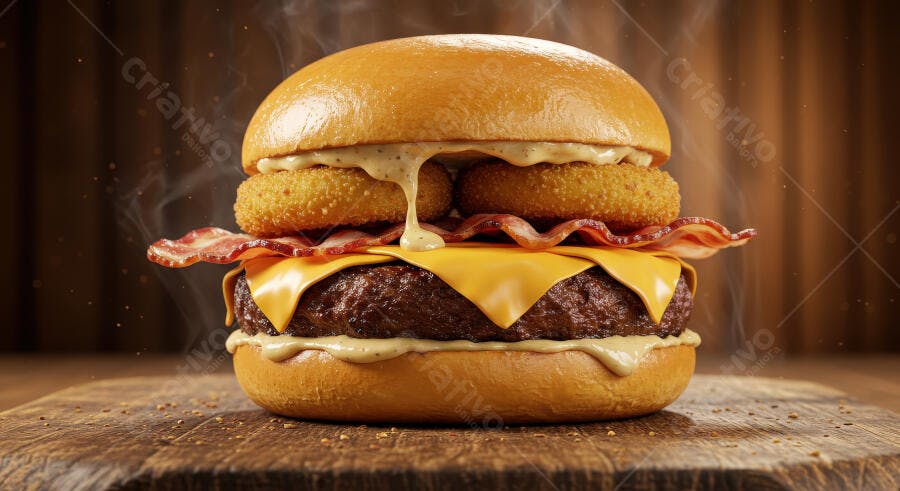 Hambúrguer suculento com bacon e onion rings
