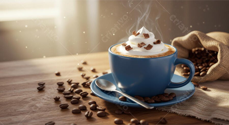 Café com chantilly e grãos de café