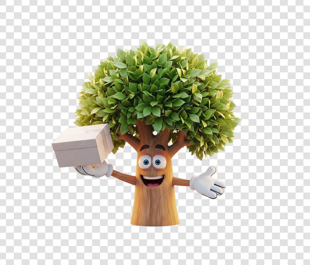 Mascote árvore entregando pacote PNG com fundo transparente