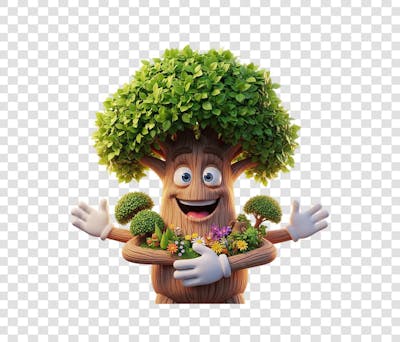 Arvore segurando Varias flores 3D Elemento PSD_