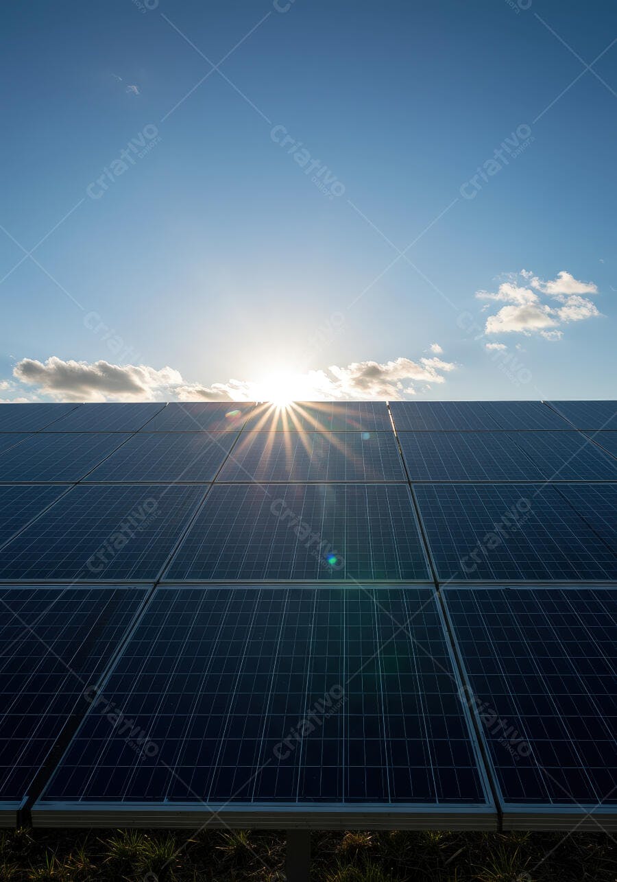 Painéis solares sob o sol da tarde