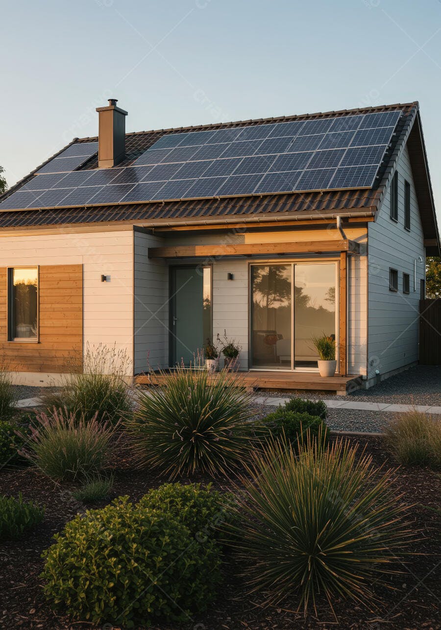 Casa moderna com energia solar ao entardecer