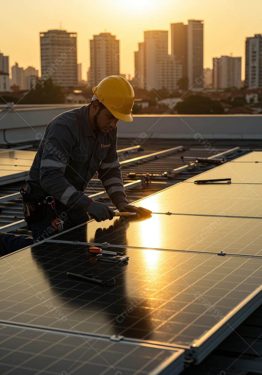 Técnico instalando painel solar ao entardecer