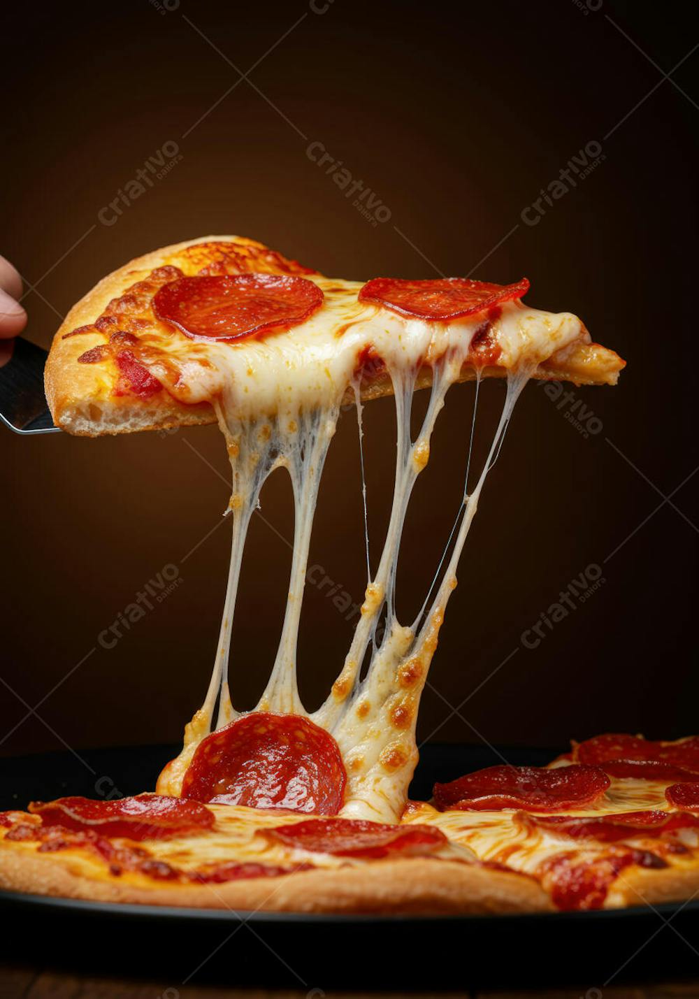 Fatia de pizza pepperoni sendo levantada, mostrando queijo derretido e esticado. Cores vibrantes de vermelho do pepperoni, branco do queijo e marrom da massa. Fotografia de alta qualidade com foco no queijo.