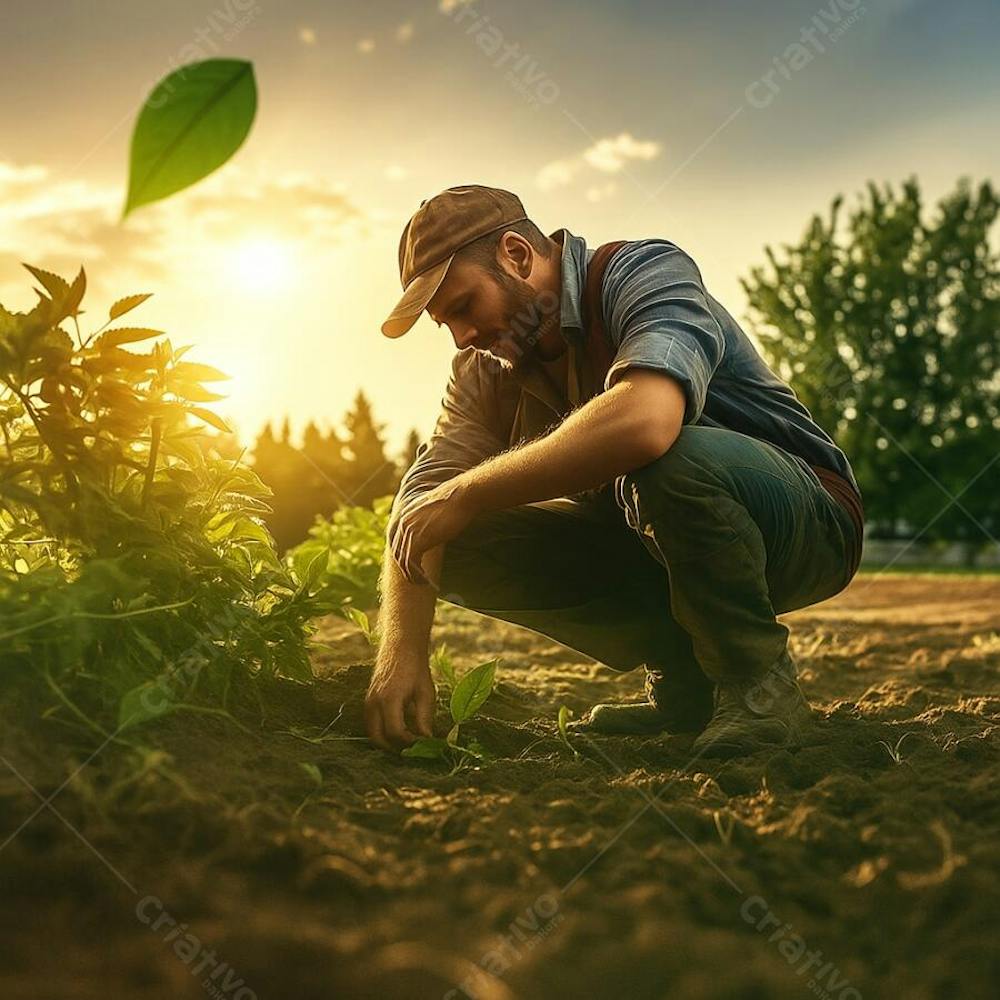 Agricultor cuidando de muda ao entardecer no campo