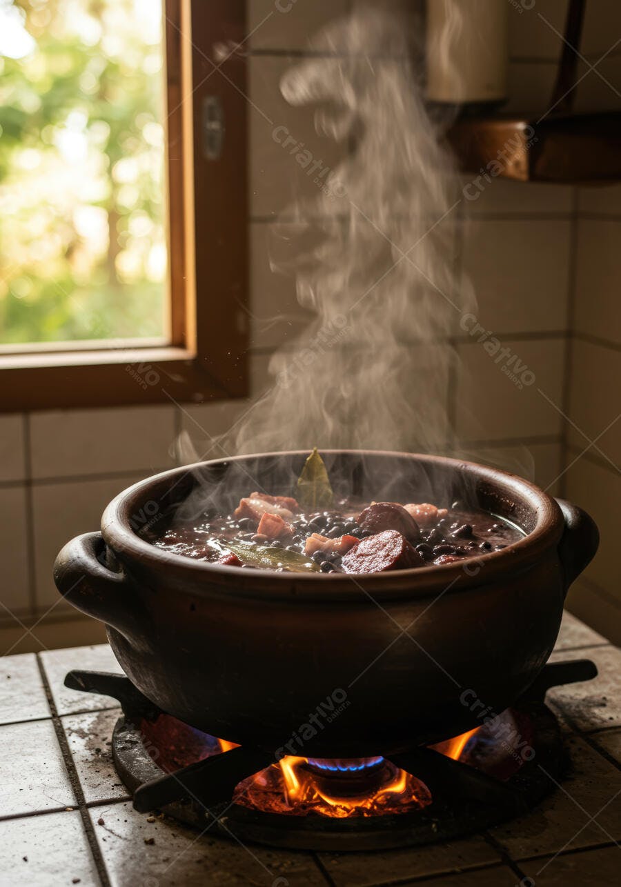 Feijoada borbulhando em panela de barro
