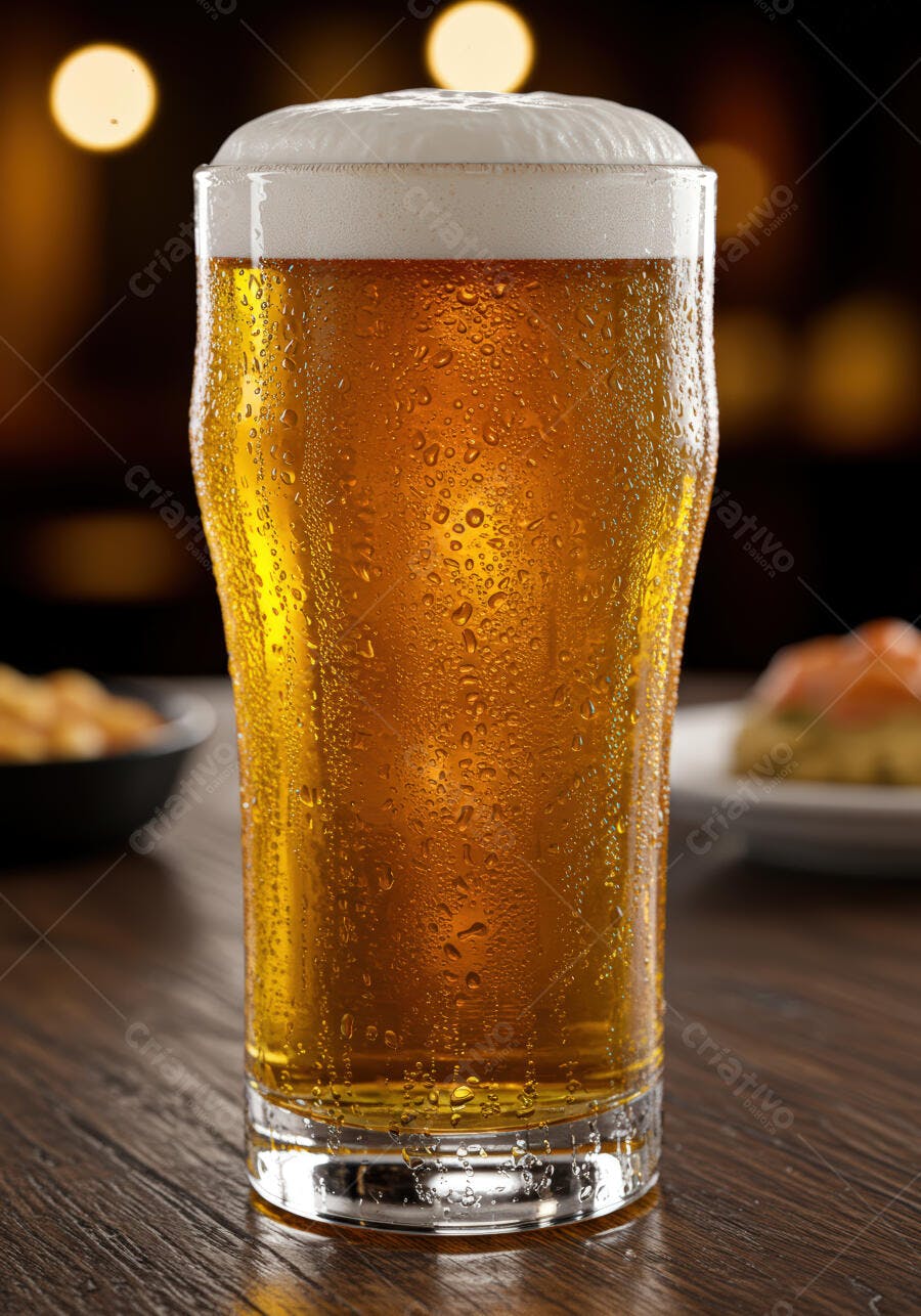 Chope gelado em copo de vidro num bar