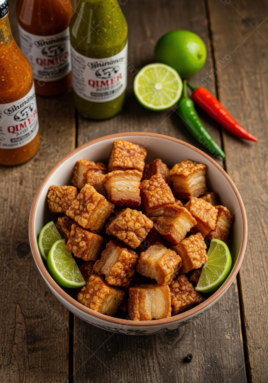 Chicharrón crocante em tigela com limão