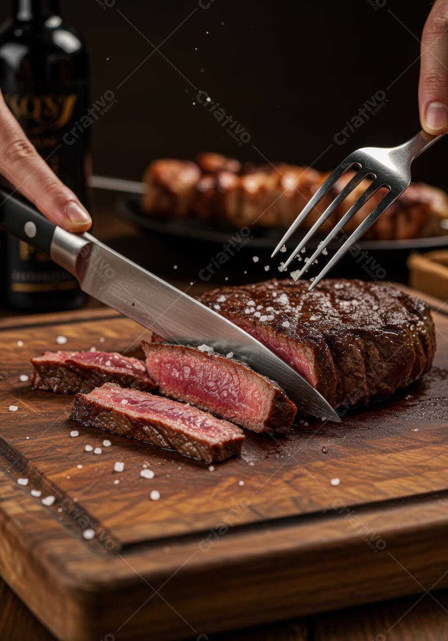 Steak sendo fatiado em tábua de madeira
