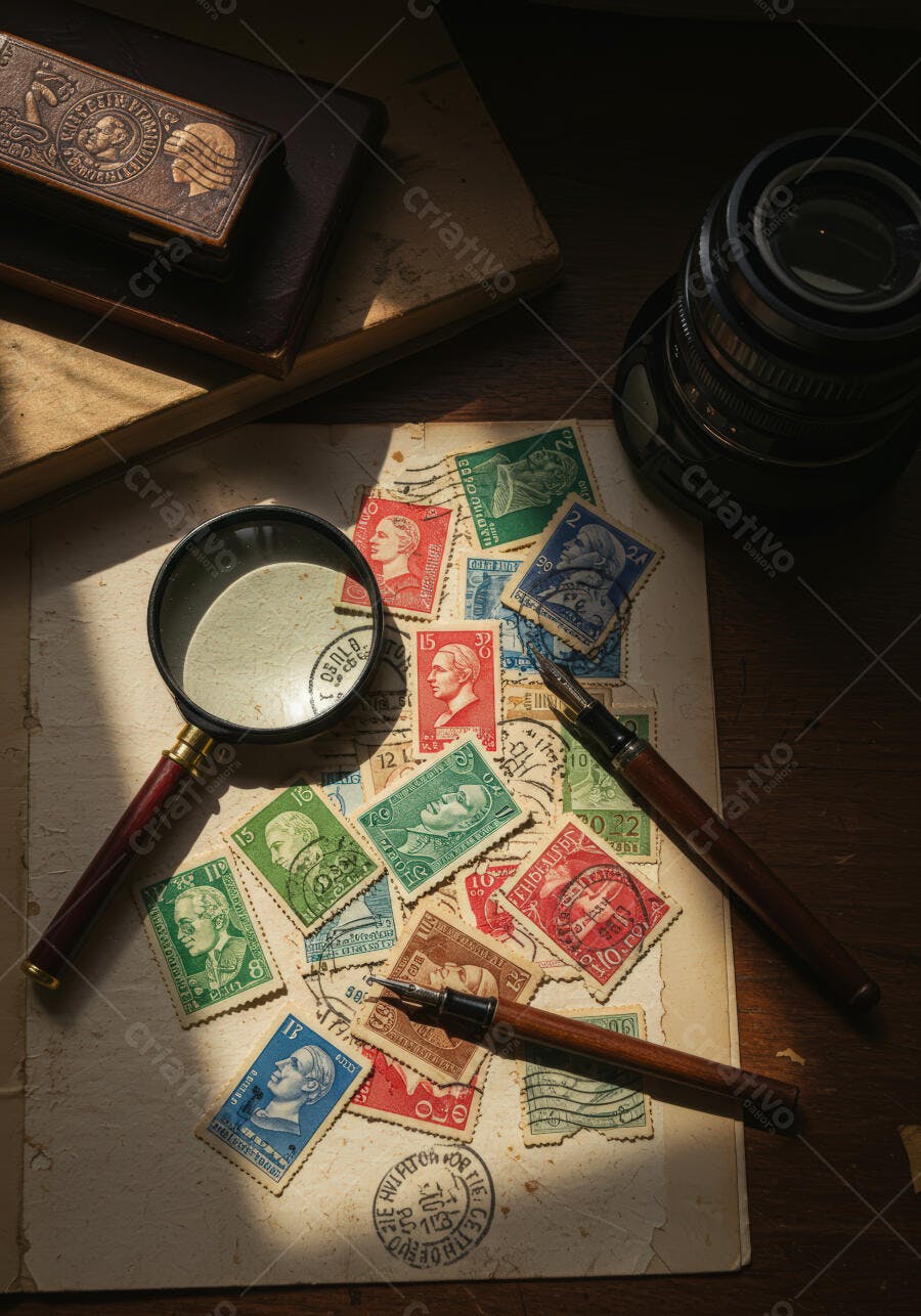 Selos antigos com lupa e canetas sobre carta