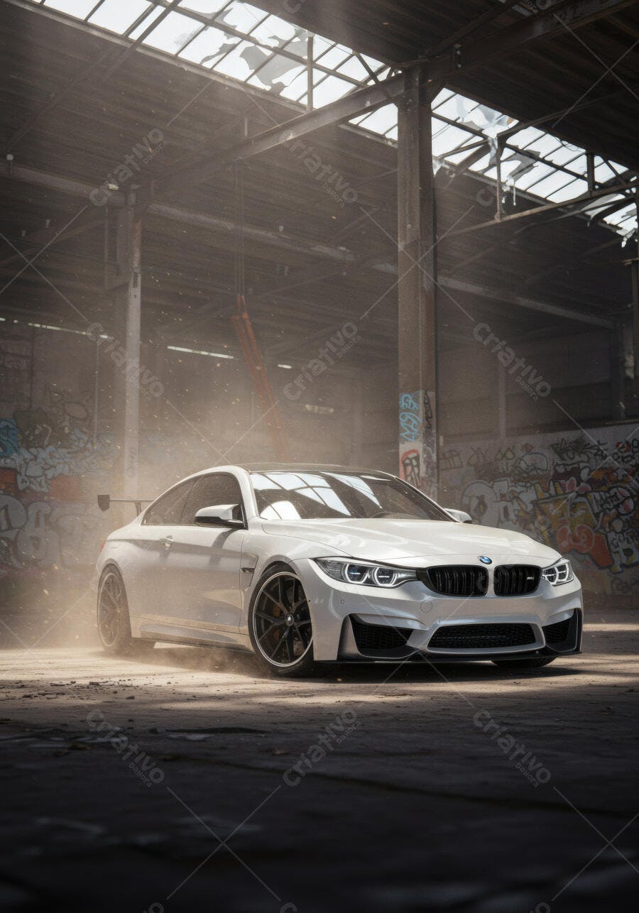 BMW M4 branco em galpão industrial